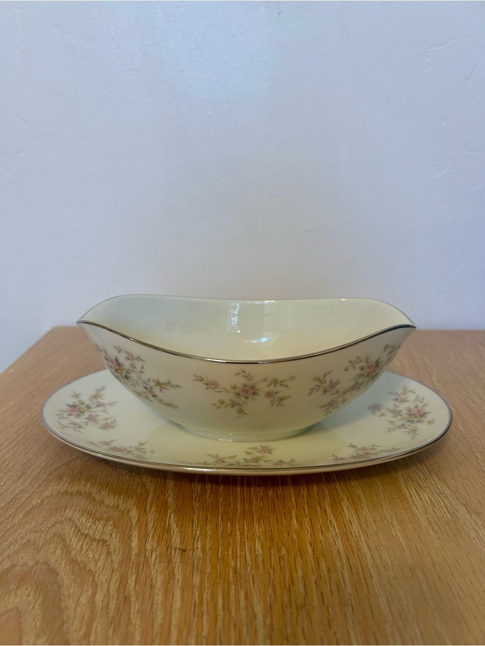 Vintage Noritake Cream Gravy Boat with Saucer and Pink Floral Sprays